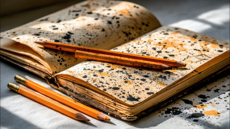 Open vintage journal, filled with ink splatters and spots, sits on a table with several pencils nearby.  The journal's pages are visibly aged, and the ink stains are prominent.  The lighting casts subtle shadows across the open book.の素材