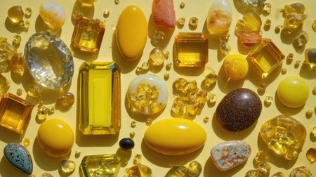 Flat lay composition of various yellow and brown gemstones and crystals, arranged on a pale yellow background.  The different shapes and textures of the stones create a visually appealing design.  The stones vary in size and transparency, with some having a glossy finish.の素材
