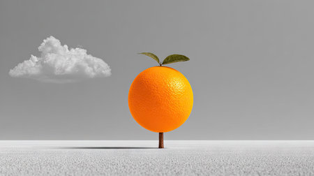 Orange fruit, appearing as a tree, stands in a simple, monochrome landscape. A large, white cloud is in the distance. The image is visually striking with its bold colors and surreal nature.の素材