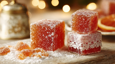 Close-up of a stack of orange-colored, square-shaped jellies, dusted with powdered sugar.  They are decorated with delicate white lace doilies.  Additional sugared fruit jellies lie scattered around the squares on a light-colored wooden surface.の素材