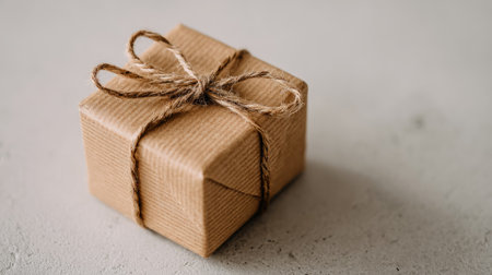 Small square gift box, wrapped in kraft paper, tied with twine.  The wrapping paper has a subtle texture.  The gift box sits on a neutral-toned surface.の素材