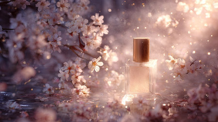 Glass perfume bottle sits amongst delicate spring blossoms, bathed in soft, golden light. Water reflections create a serene atmosphere. The image evokes a sense of beauty, tranquility, and luxury.の素材