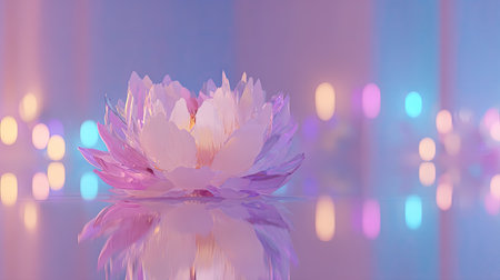 Digitally rendered, stylized image of a delicate, pastel-pink flower, with a soft, ethereal glow. The flower sits atop a reflective surface, its reflection mirroring the flower's intricate design. A blurred bokeh background in soft pastel colors encircles the flower. The image evokes a sense of calm and beauty.の素材