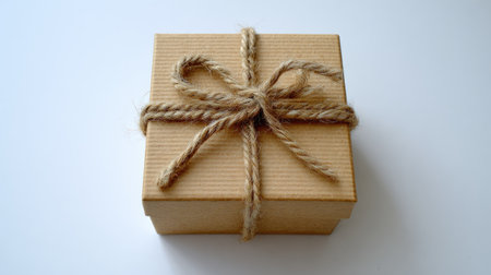 Light brown cardboard box with a simple twine bow. The box sits on a plain white background.の素材