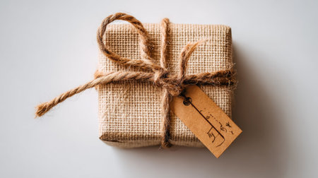 Square-shaped gift box wrapped in a light brown, textured fabric.  Twine is tied in a simple knot around the gift box. A small, light brown tag with handwritten markings is attached. The image is a high-angle close-up view of the gift. The background is a plain off-white color.の素材