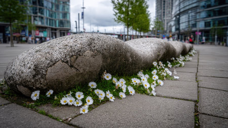 Low curb, constructed of sculpted, gray stone, is situated on a paved urban street.  Small, white flowers and patches of greenery are nestled in the crevices and along the base of the curb. The image is a close-up view.の素材