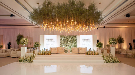 Grand wedding venue decorated with a large, hanging floral installation,  white and cream colored seating arrangements, and floral centerpieces.  The stage is elevated and decorated with greenery and flowers. The venue's large space is highlighted by the sophisticated decorations.の素材