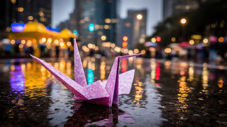 Pink origami crane sits in a puddle on a city street at night.  The image is a close-up, focusing on the crane, while the city lights and reflections in the water are softly blurred in the background.の素材