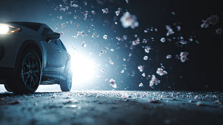 Digitally created image of a sleek, white SUV parked on a dark roadway. Small, pale pink flower petals float in the air around and above the vehicle.  The scene is lit with a bright spotlight shining on the vehicle, while a dramatic, dark background surrounds the SUV and petals.の素材