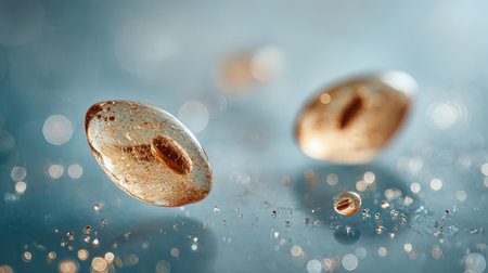 Close-up view of several golden, translucent, oval-shaped objects suspended in a soft, light-blue space. The objects have a glassy, reflective quality, and intricate surface textures. Tiny water droplets and sparkling highlights are visible throughout the image, adding to the ethereal effect. The shallow depth of field emphasizes the objects' forms and highlights.の素材