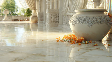 Meticulously detailed digital rendering of a spacious, sun-drenched interior.  A large, intricately carved vase stands on a polished marble floor, with scattered orange blossoms around it.  The room's walls, ceilings, and floor are crafted in a light beige and white tone, reflecting the ambient light.  A sense of serenity and elegance permeates the scene.の素材