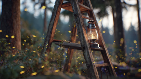 Rustic wooden ladder, leaning against trees, supports a vintage-style lantern.  The scene is set in a forest at twilight, with fireflies or similar glowing insects illuminating the area.  Warm, soft light bathes the scene, creating a peaceful and enchanting atmosphere.の素材