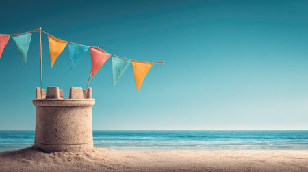 Sandy beach castle, decorated with colorful triangular flags, stands on the shore of a calm ocean. A clear blue sky and soft sunlight complete the scene.の素材