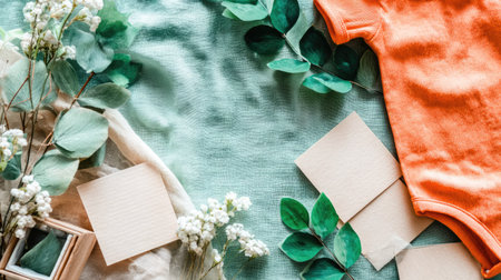 Flat lay design featuring a baby onesie, small cards, wooden gift boxes, branches of eucalyptus greenery, and small white flowers, all set against a soft teal fabric.  The arrangement is a combination of light-colored, neutral, and bright colors for a delicate and calming presentation.の素材