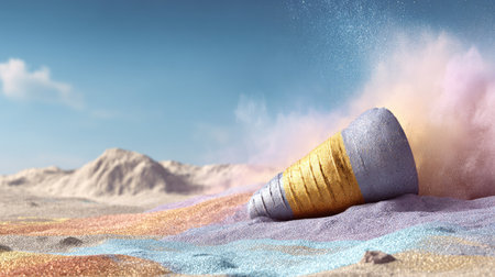 Metallic cone rests on a bed of vibrantly colored sand, reminiscent of a desert landscape.  The cone is metallic gray with gold accents, and the sand displays a variety of pastel colors that transition smoothly.  The scene is bathed in natural light, and a cloud of dust or powder is erupting around the cone, enhancing the dynamic and colorful nature of the image.の素材