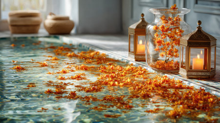 Interior scene shows a water channel filled with small, orange flower petals.  Two decorative lanterns with candles are positioned at the sides of the channel. The water appears still and clear, reflecting the surroundings.  The overall feeling is one of tranquility and serenity.の素材