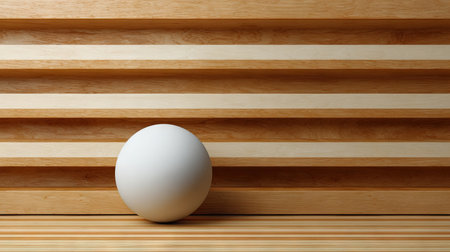 White sphere rests on a light brown wooden surface in front of a wooden wall with recessed shelves.  The wall and shelves create a simple, geometric design. The sphere is the only object in the image.の素材
