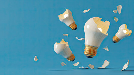Design featuring several light bulbs that are broken into pieces, against a solid teal or turquoise background. The broken pieces are floating in the air. The light bulbs are white with a gold-colored base. The overall impression is one of disruption, loss, or new potential.の素材