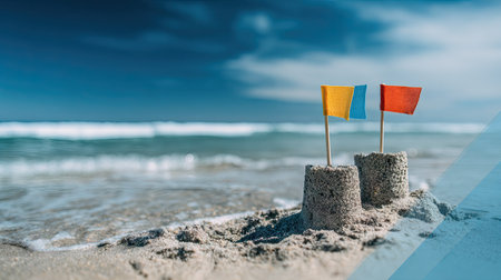 Small sandcastle with colorful flags on a sandy beach, bathed in sunlight, with gentle ocean waves in the background.  The sky is a vibrant blue.の素材