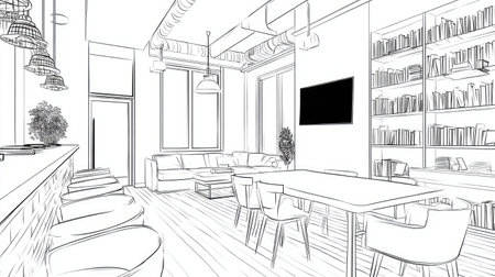 Detailed line drawing of a contemporary open-plan interior space, featuring a variety of furniture, including a sofa, tables, chairs, and bar seating.  The drawing also showcases a bookshelf, plants, and windows, with an emphasis on the layout and design elements.の素材