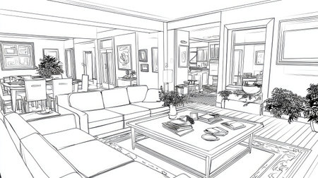 Detailed line drawing of an interior design concept for a modern living room with an open-plan kitchen and dining area.  The sketch shows furniture arrangement, spatial relationships, and architectural elements.の素材
