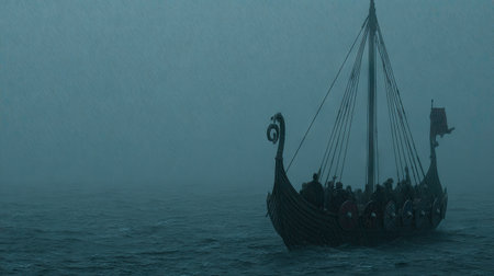 Viking longship, filled with warriors, navigating a stormy sea enveloped in a thick fog and rain. The image presents a dramatic scene of a historical event.の素材