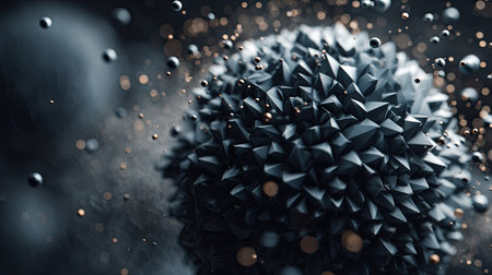 Close-up image of a sphere composed of numerous interlocking polygons or facets, presented in a dark bluish-gray color.  Small, light-colored spheres seem to be floating around the larger form. The image showcases a detailed texture and pattern, against a dark background.の素材