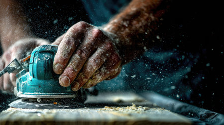Close-up view of a person using a teal-colored random orbital sander to smooth a piece of wood.  Fine wood dust is flying in the air. The person's hands are covered in wood dust.の素材