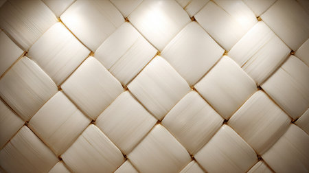 Detailed close-up view of a woven wall or surface featuring a repeating pattern of interwoven light beige squares. The light and shadow create a subtle three-dimensional effect, highlighting the intricate details of the weaving.の素材
