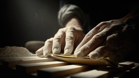 Close-up view of a pair of weathered hands meticulously sanding a piece of wood.  The hands are covered in wood dust, and the lighting emphasizes the textures of the wood and the hands. A sanding tool is visible.の素材