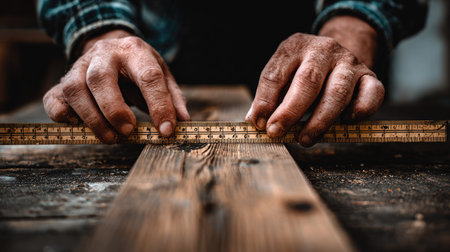 Close-up of a hand measuring a piece of wood with a ruler. The hand is visibly worn and stained from work, suggesting experience. The wood has a rich, natural tone and visible wood grain, while the ruler has numerals to show accurate measurement.の素材