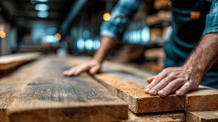 Skilled craftsman carefully examines the grain and texture of stacked wooden planks in a workshop.  Close-up view shows his hands resting on the wood.の素材