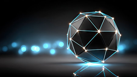 Dark backdrop showcases a geometric sphere. The sphere is composed of various triangles and polygons, all appearing to be a dark gray or black shade.  Thin, glowing, light blue lines connect the vertices of the polygon shapes that create the sphere's structure. Glowing, light blue highlights are present on the lines and on the points where the lines meet. The sphere sits on a dark reflective surface, making the light blue glow more noticeable. A soft background of out-of-focus light blue circles adds a depth of field.の素材