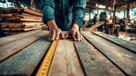 Close-up view of a carpenter's hands using a measuring tape to measure wooden planks on a worktable in a workshop.  The focus is on the hands, measuring tape, and the wood, with the background slightly blurred.の素材
