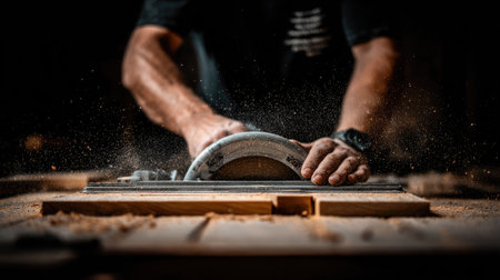 Close-up view of a person using a circular saw to cut pieces of wood in a workshop.  A significant amount of sawdust is visible, along with the motion of the saw. The image highlights the precision and skill involved in the craft of woodworking.の素材