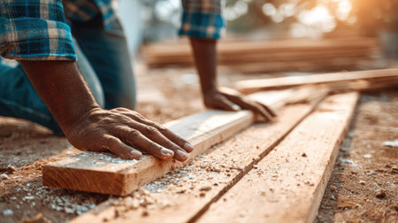 Close-up image of a person's hands carefully examining and checking the alignment of wooden planks on a construction site.  Wooden planks, sawdust, and dirt are visible.の素材