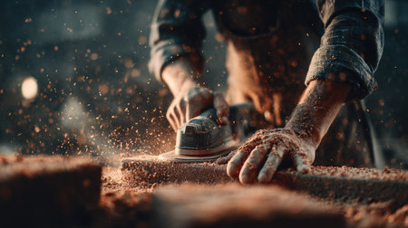 Carpenter carefully sands a piece of wood using a power sander.  Wood shavings and dust are flying around.  The image emphasizes the craftsmanship and focus of the worker.  The lighting highlights the detail of the sanding process.の素材