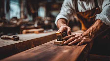 Close-up view of a carpenter's hands using a wood plane on a wooden plank. The image focuses on the craftsmanship and the tools involved in woodworking. The background features a cluttered workshop, which is out-of-focus but provides context.の素材