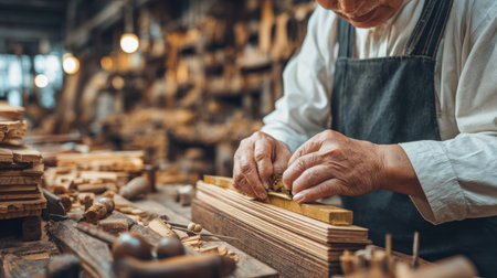 Close-up of a senior carpenter meticulously planing a piece of wood in a well-lit carpentry workshop.  Wooden planks and tools are scattered around the worktable.の素材