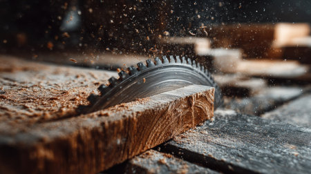 Circular saw is actively cutting a wooden plank.  The sawdust is in motion, showing the process of woodworking. The focus is on the intricate detail of the wood grain and the saw's action.の素材
