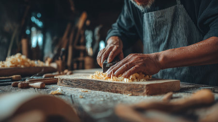 Seasoned carpenter meticulously planes a piece of wood in a dimly lit workshop, showcasing the artistry and dedication of his craft.  Wood shavings are visible on the work surface and tools are strewn about the table.の素材