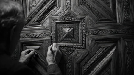 Close-up view of a finely carved wooden door.  The intricate patterns and designs are visible, showcasing the skill and artistry of the craftsman.  The door's aged and dark color adds to its historical appearance. Hands are visible, suggesting that the image may also feature a person working on the piece.の素材