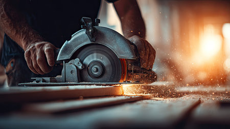 Focused close-up image of a person using a circular saw to cut a piece of wood. Woodworking tools, work in progress, and sawdust are also visible in the image.の素材
