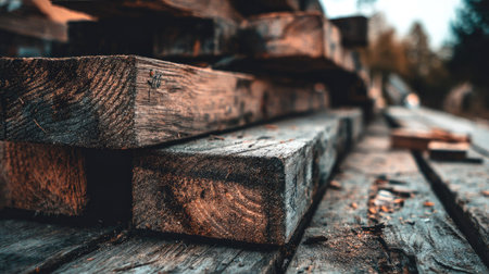 Close-up image showcasing the intricate details and textures of stacked, weathered wooden beams. The beams are a mix of dark and light brown shades, exhibiting the marks of age and exposure. The focus is on the front-most beams in the stack, drawing the viewer's attention to the wood grain and surface irregularities.の素材