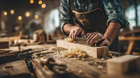 Carpenter is using a hand plane to smooth a piece of wood in a wooden workshop.  The wood shavings are scattered around the plane. Tools and other wooden items are on the workbench.の素材