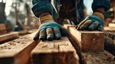 Close-up view of a person wearing work gloves examining and working with wooden beams. A lot of sawdust is visible in the surrounding area.の素材