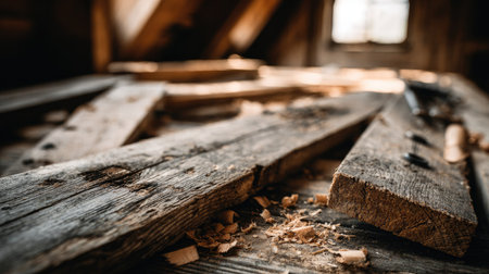 Close-up view of several weathered wooden planks arranged on a workbench in a workshop.  Sawdust is visible on the surface.  The planks exhibit various shades of gray and brown, reflecting age and use.  The image focuses on the rich textures and details of the wood.の素材