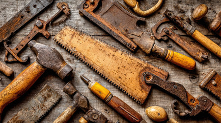 High-angle, close-up view of a collection of various antique and rusty tools, including saws, hammers, and other hand tools, laid out on a weathered wooden plank surface. The tools display signs of age and use, with varying degrees of rust and patina. The image highlights the intricate details of the tools and the textures of the wood.の素材