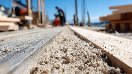 Close-up view of wooden planks and a pile of sawdust on a construction site.  The planks are different shades of grey and light brown.  The sawdust is light beige. The image focuses on the textures and details of the wood and sawdust.の素材