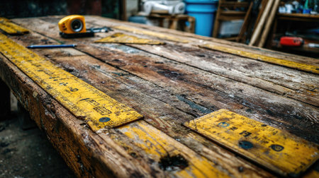 Close-up view of a weathered wooden workbench surface, decorated with various yellow measuring tools.  The workbench shows signs of age and use, with visible wood grain and varying tones of brown.の素材